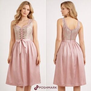 Vintage Alte Liebe Brocade Trachten Dirndl Pink Pocket Oktoberfest Dress,Size 40